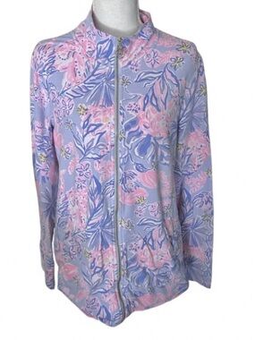 Lilly Pulitzer Jacket Lavender Pink & Blue Floral Logo Designer Large Cotton